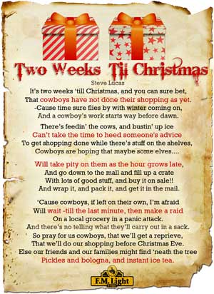 Two Weeks til Christmas Poem by Steve Lucas - Poster by F.M. Light and Sons | Western Wear in Steamboat Springs, CO for Over 100 Years