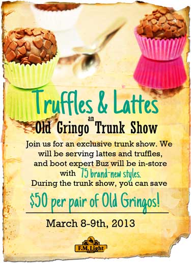 Truffles & Lattes Trunk Show: $50 off Old Gringo Cowboy Boots at F.M. Light and Sons - Western Wear in Steamboat Springs, CO