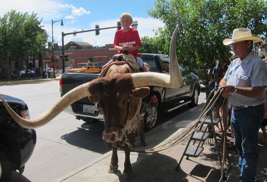 Little Boy Smiles While Riding Longhorn Steer at F.M. Light