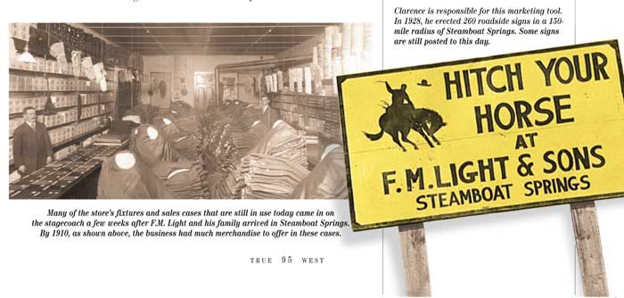 Interior of F.M. Light and Sons in Steamboat Springs, Colorado and famous yellow road sign. Article from True West Magazine
